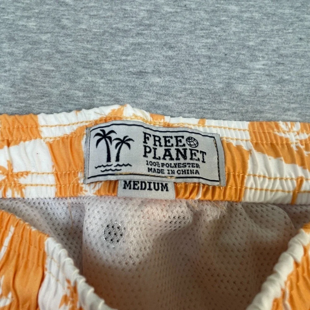 Free Planet Swim Trunks Mens Medium M Orange White Checkerboard Palm Tree Board